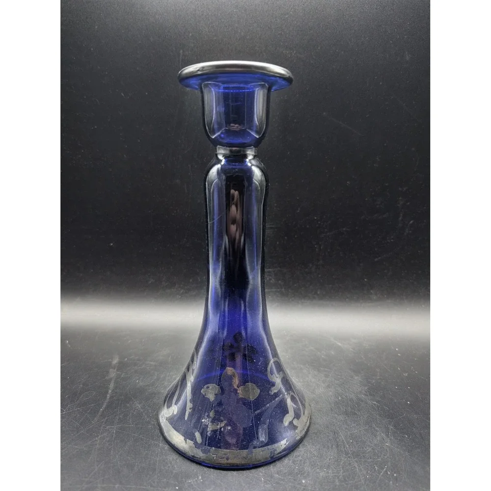 Vintage Cobalt Blue Glass Candlestick Holder Silver Overlay Floral Trumpet 8in